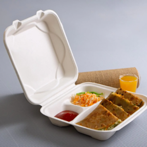 9" x9"-3 compartment takeout Bagasse container with hinged Lid - Clamshell