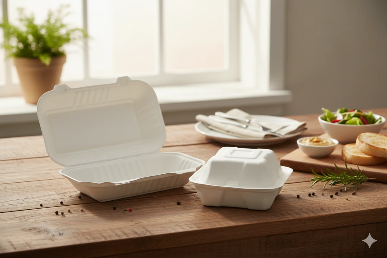 9" x9"-3 compartment takeout Bagasse container with hinged Lid - Clamshell